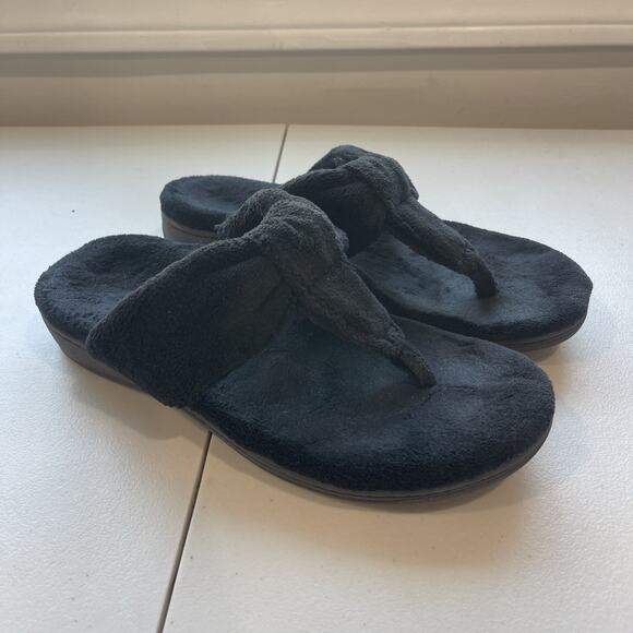 Vionic Women Slipper Sz 9 Black Faux Fur Thong Recovery Spa Lounge Rubber Sole - Picture 1 of 12